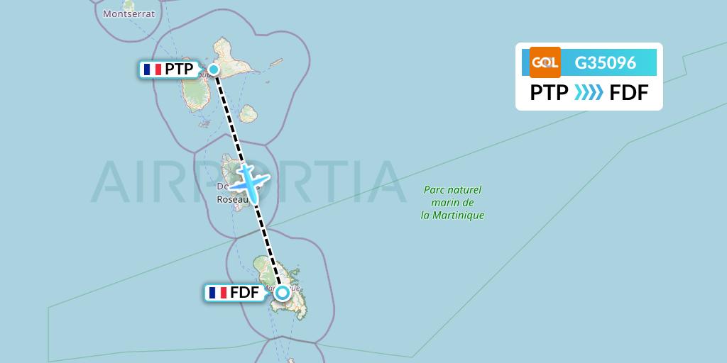 G35096 GOL Transportes Aeros Flight Map: Pointe-a-Pitre to Fort-de-France