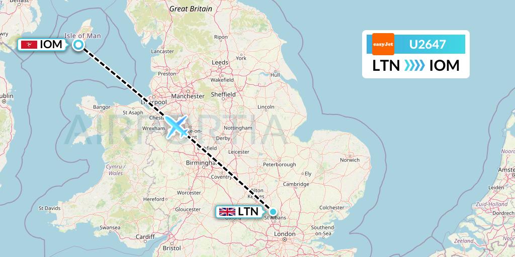 U2647 EasyJet Flight Map: London to Isle of Man