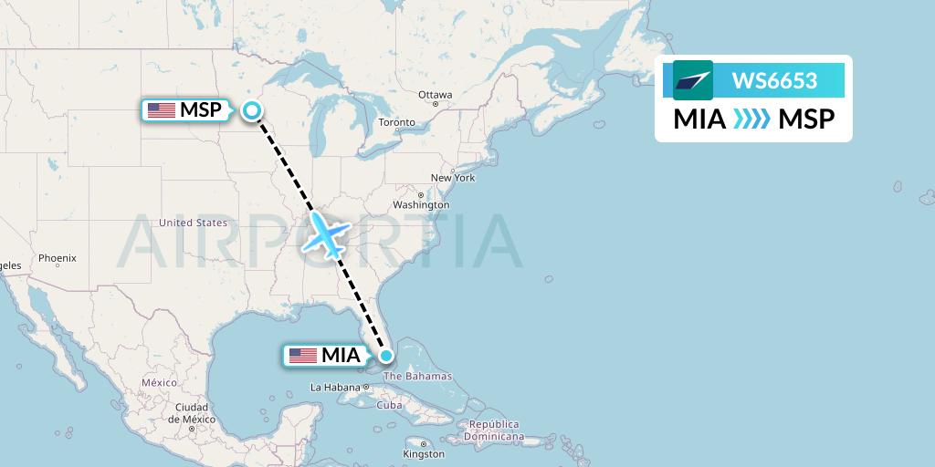 WS6653 WestJet Flight Map: Miami to Minneapolis