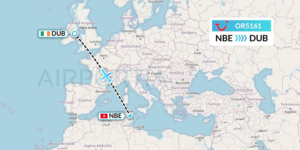OR5161 TUI fly Netherlands Flight Map: Enfidha to Dublin