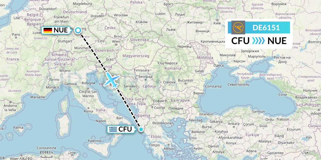 DE6151 Condor Flight Map: Corfu to Nurnberg