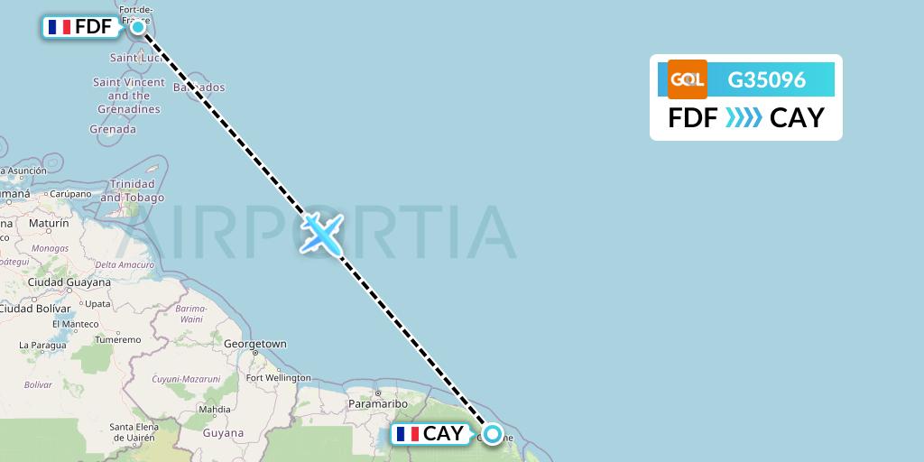 G35096 GOL Transportes Aeros Flight Map: Fort-de-France to Cayenne