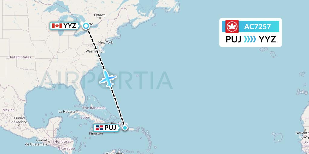 AC7257 Air Canada Flight Map: Punta Cana to Toronto