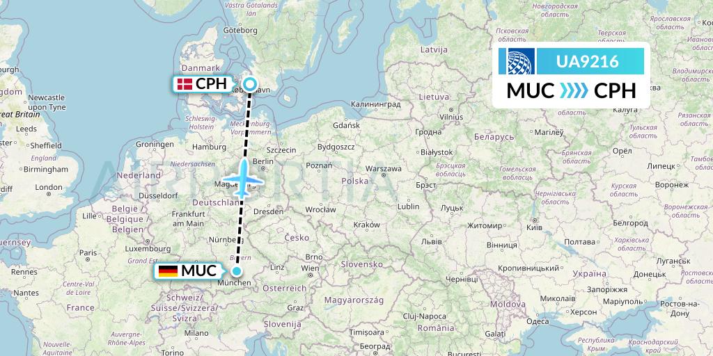 UA9216 United Airlines Flight Map: Munich to Copenhagen