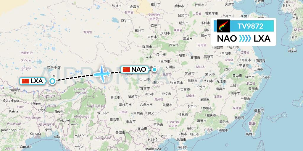 TV9872 Tibet Airlines Flight Map: Nanchong to Lhasa