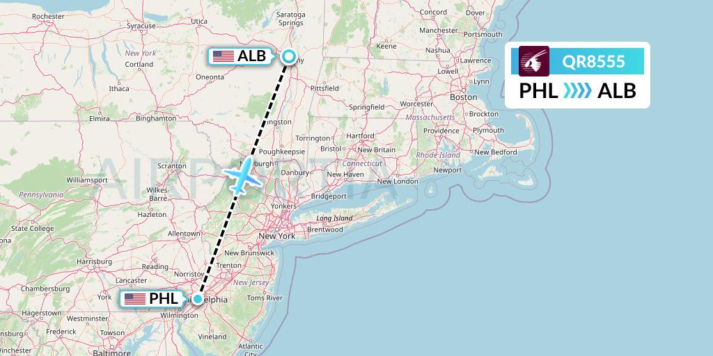 QR8555 Qatar Airways Flight Map: Philadelphia to Albany