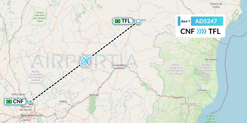 AD5247 Azul Brazilian Airlines Flight Map: Belo Horizonte to Teofilo Otoni