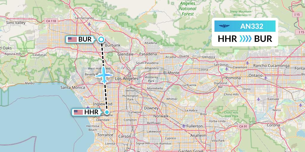 AN332 Advanced Air Flight Map: Hawthorne to Burbank