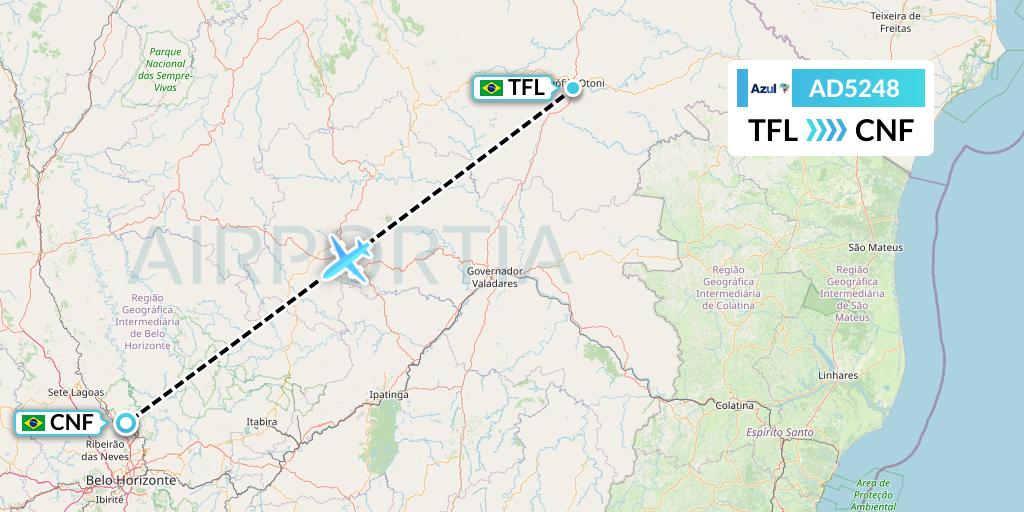 AD5248 Azul Brazilian Airlines Flight Map: Teofilo Otoni to Belo Horizonte