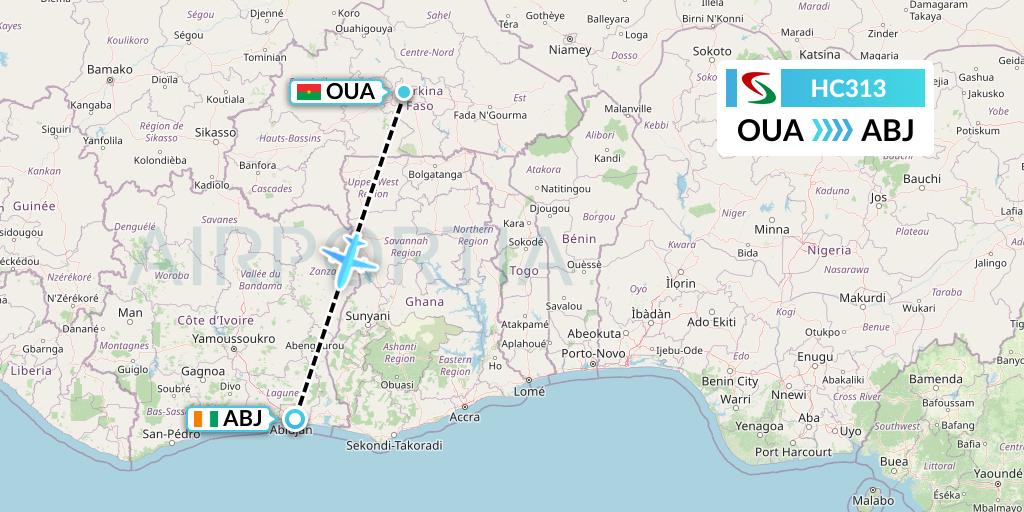 HC313 Air Senegal Flight Map: Ouagadougou to Abidjan