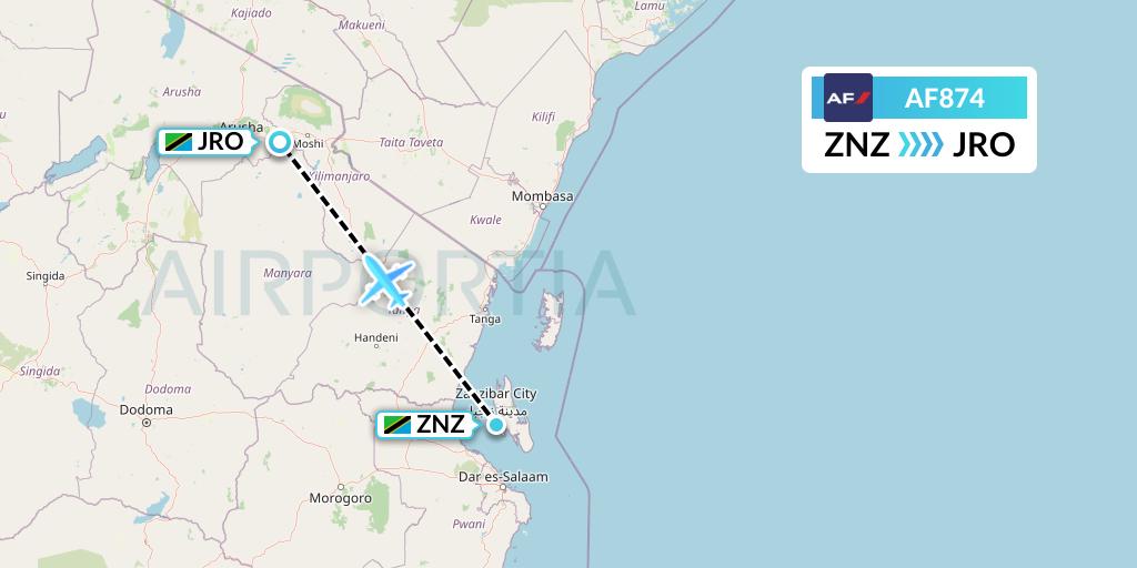 AF874 Air France Flight Map: Zanzibar to Kilimanjaro