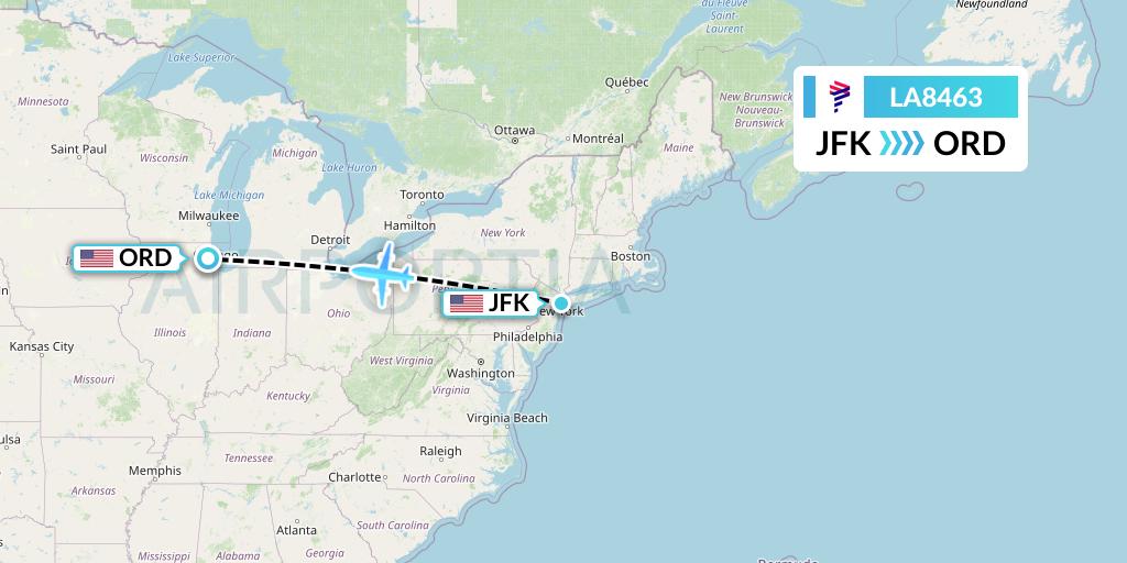 LA8463 LAN Airlines Flight Map: New York to Chicago