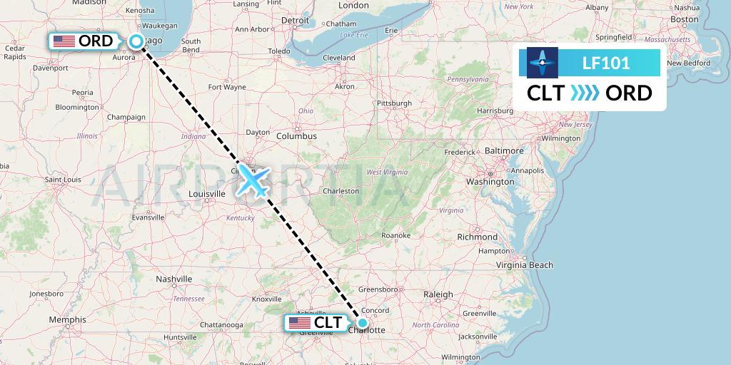 LF101 Corporate Flight Management Flight Map: Charlotte to Chicago