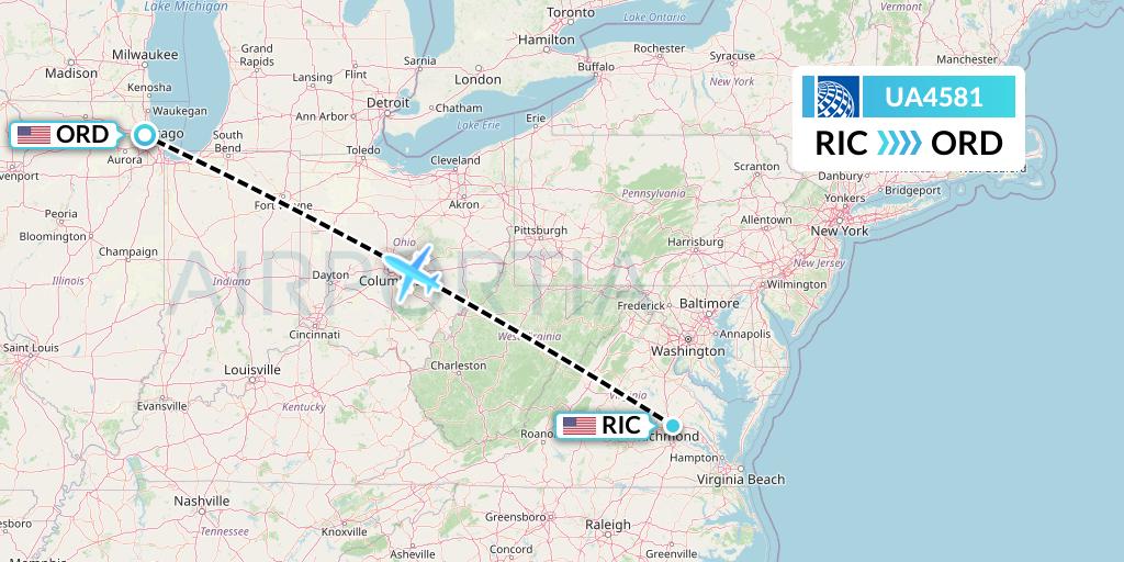 UA4581 United Airlines Flight Map: Richmond to Chicago
