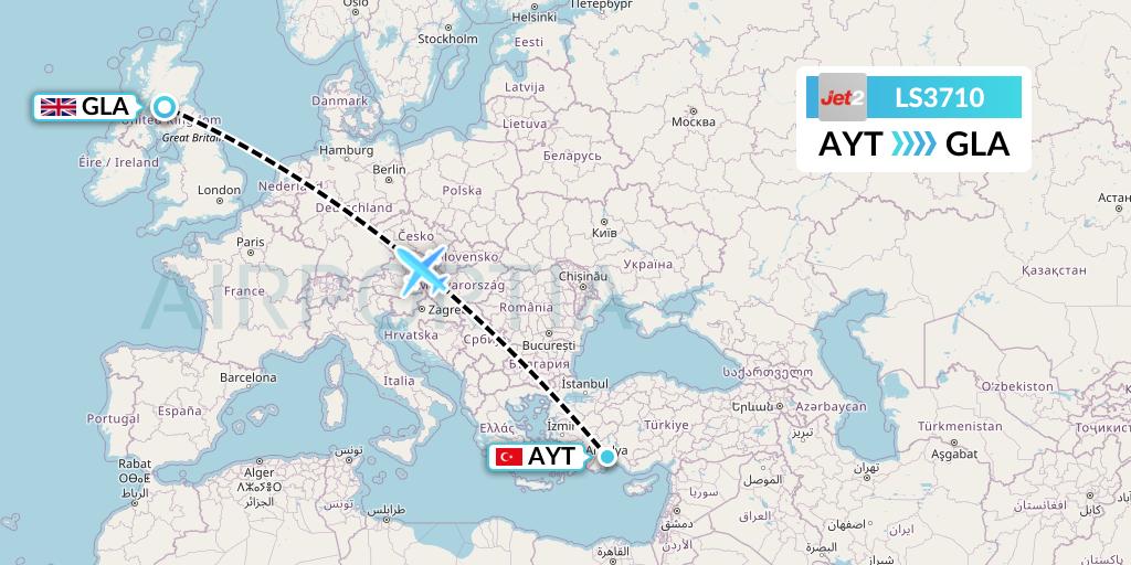 LS3710 Jet2 Flight Map: Antalya to Glasgow