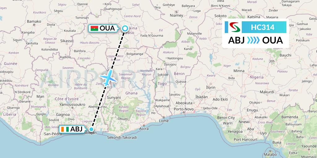 HC314 Air Senegal Flight Map: Abidjan to Ouagadougou