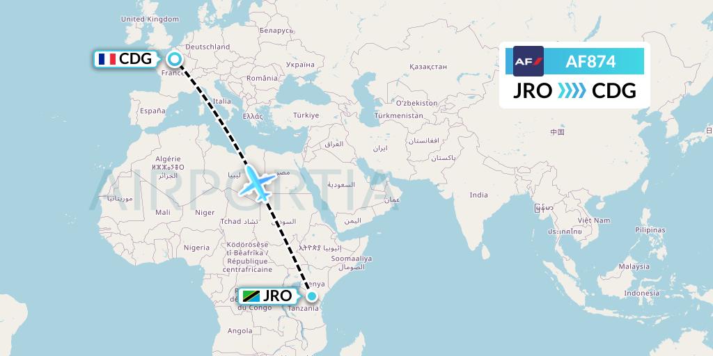AF874 Air France Flight Map: Kilimanjaro to Paris