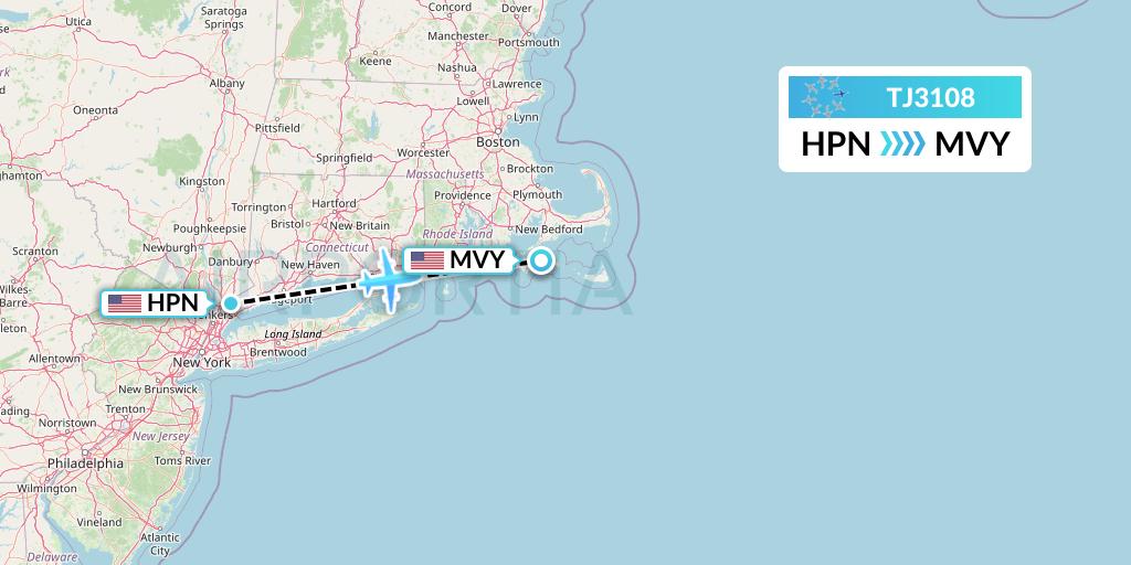 TJ3108 Tradewind Aviation Flight Map: White Plains to Martha's Vineyard