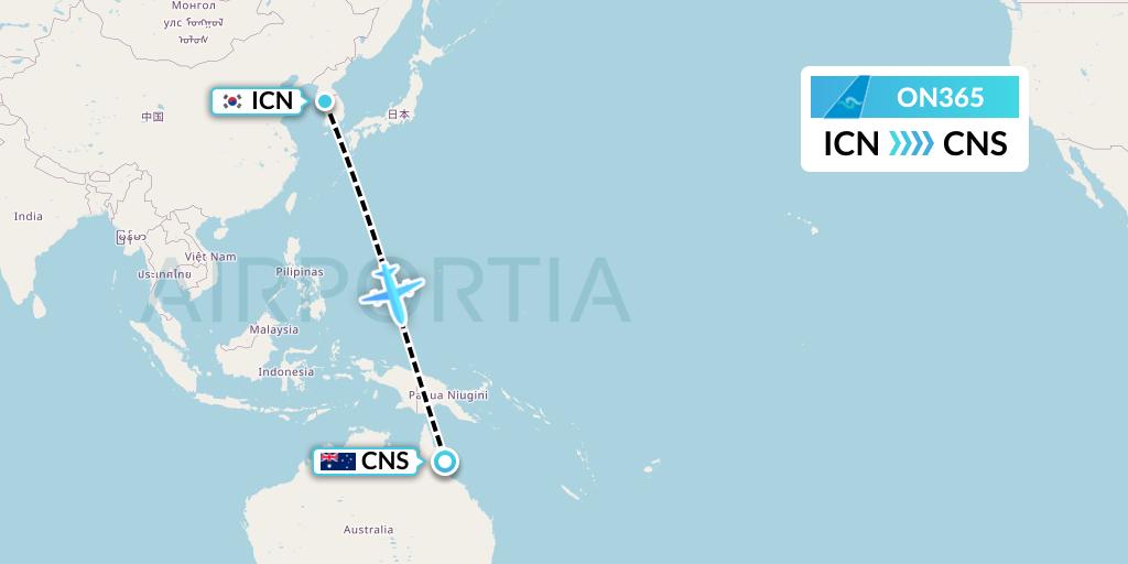 ON365 Nauru Airlines Flight Map: Seoul to Cairns