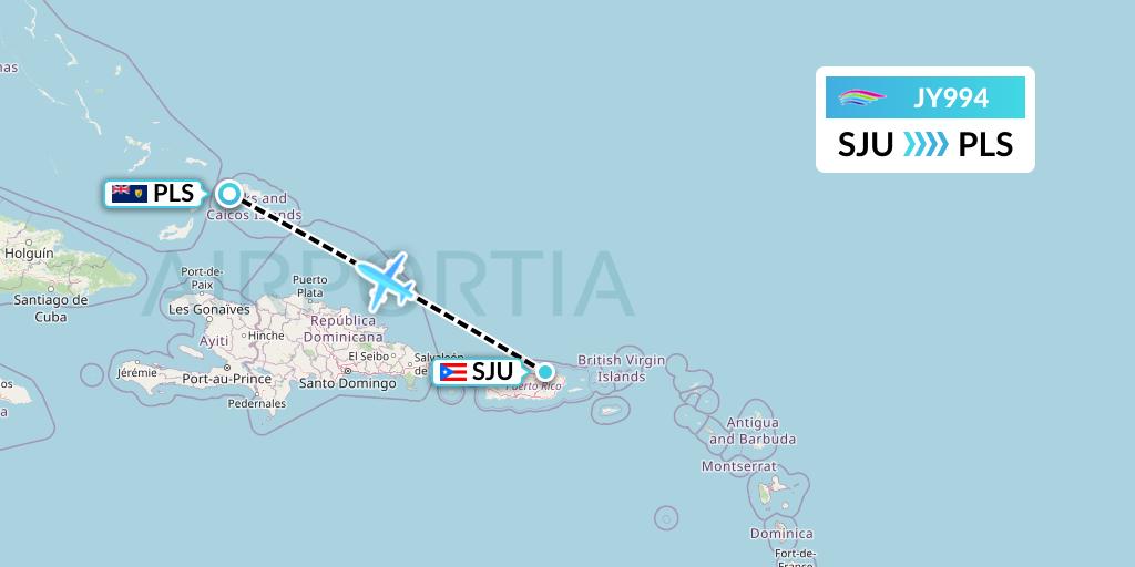 JY994 InterCaribbean Airways Flight Map: San Juan to Providenciales
