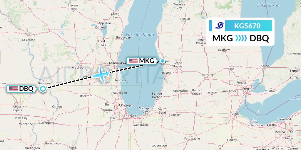 KG5670 Key Lime Air Flight Map: Muskegon to Dubuque