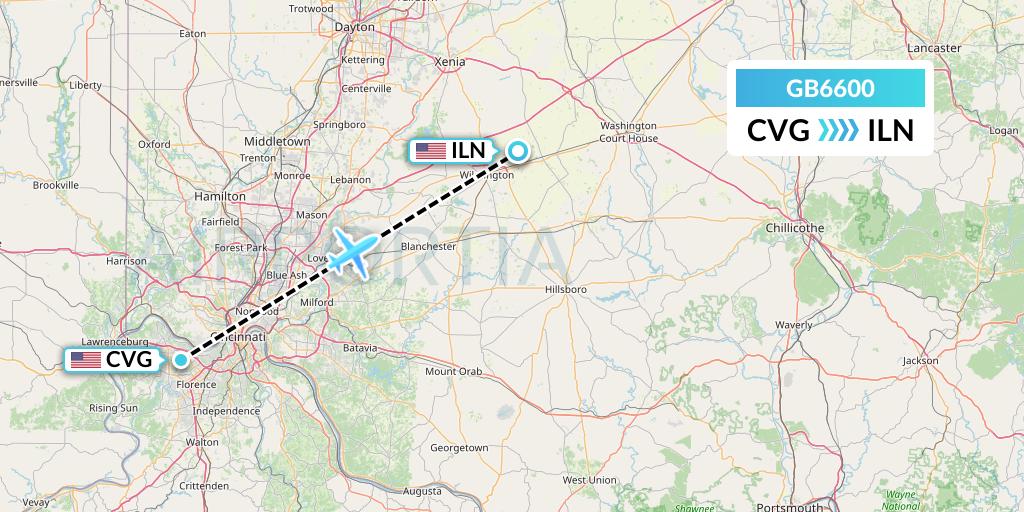 GB6600 ABX Air Flight Map: Cincinnati to Wilmington