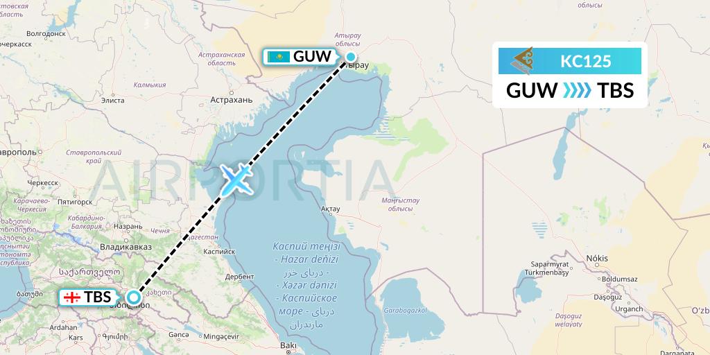 KC125 Air Astana Flight Map: Atyrau to Tbilisi