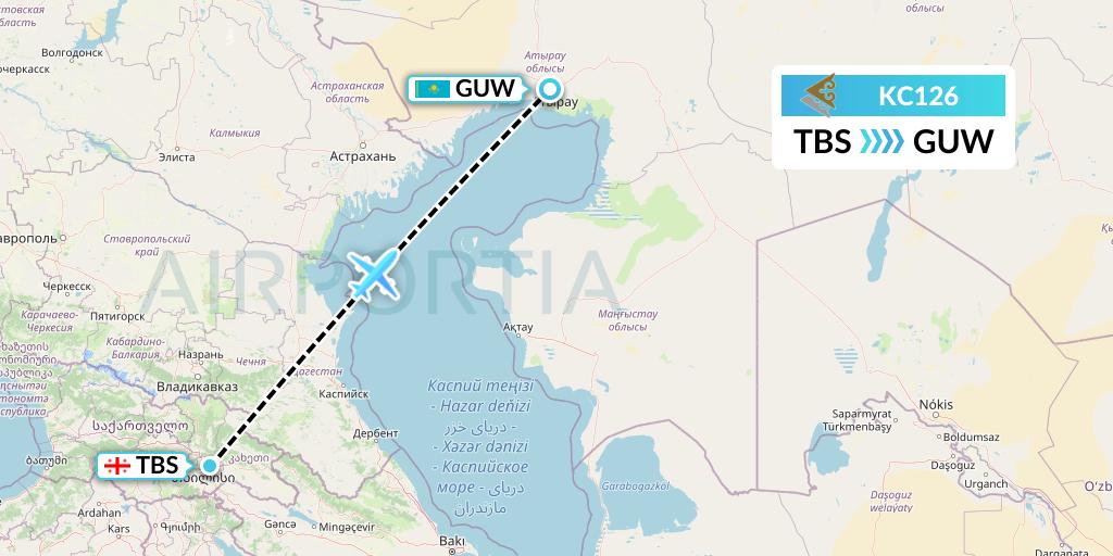KC126 Air Astana Flight Map: Tbilisi to Atyrau
