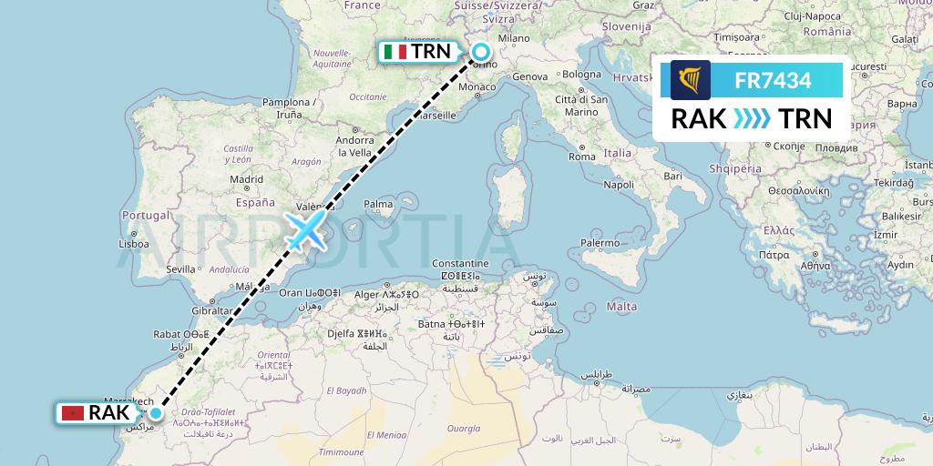 FR7434 Ryanair Flight Map: Marrakesh to Turin