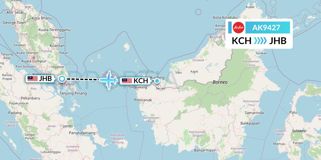 AK9427 AirAsia Flight Map: Kuching to Johor Bahru