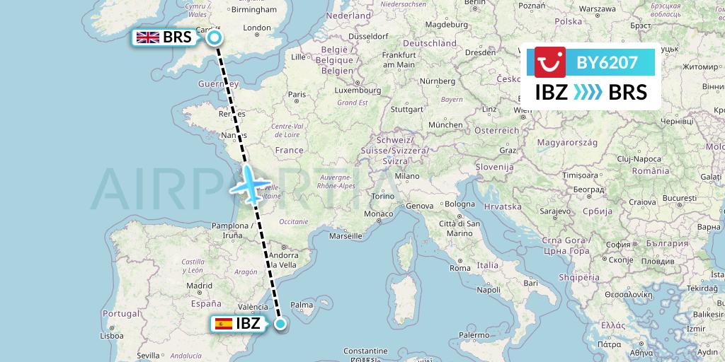 BY6207 TUI Airways Flight Map: Ibiza to Bristol