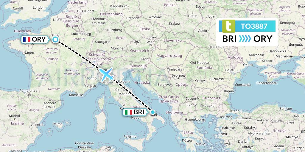 TO3887 Transavia France Flight Map: Bari to Paris