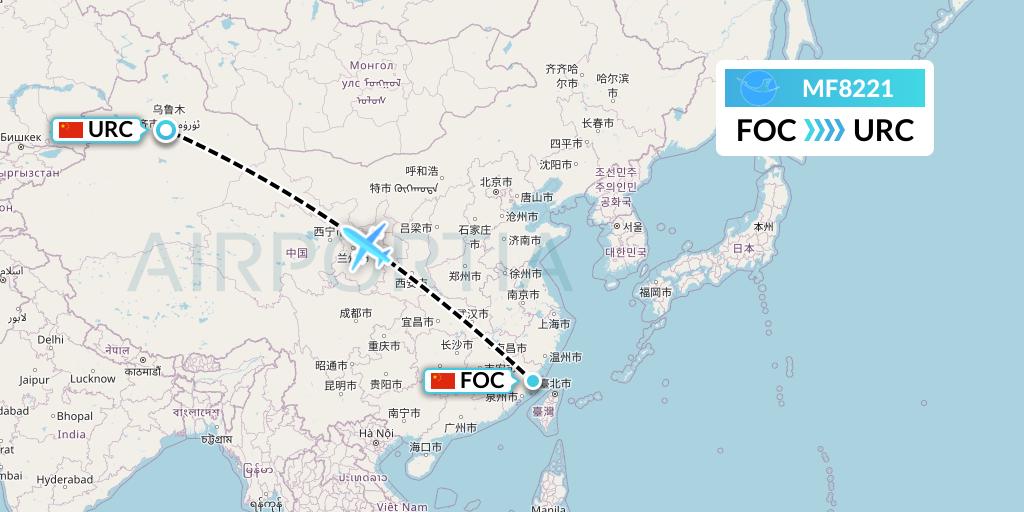 MF8221 Xiamen Airlines Flight Map: Fuzhou to Urumqi