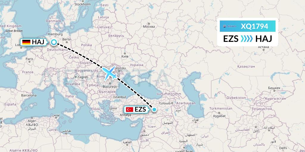XQ1794 SunExpress Flight Map: Elazig to Hannover