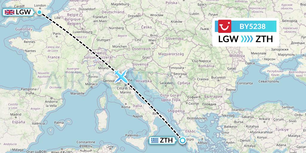 BY5238 TUI Airways Flight Map: London to Zakynthos
