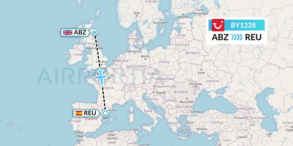 BY1228 TUI Airways Flight Map: Aberdeen to Reus