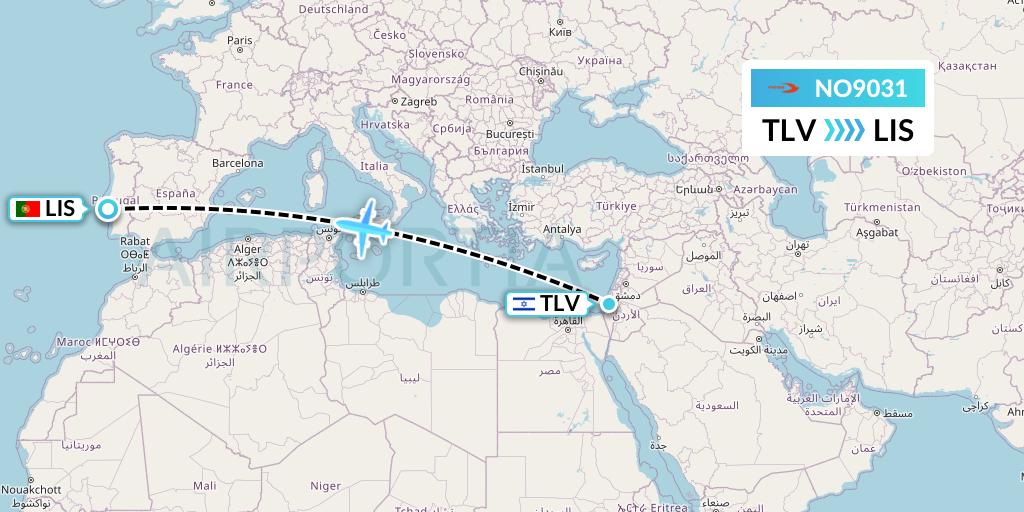 NO9031 Neos Flight Map: Tel Aviv to Lisbon
