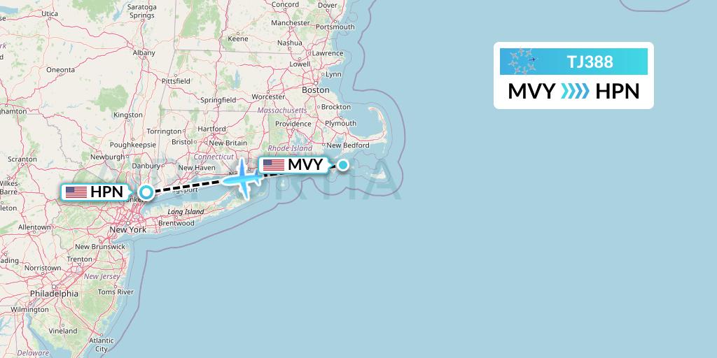 TJ388 Tradewind Aviation Flight Map: Martha's Vineyard to White Plains