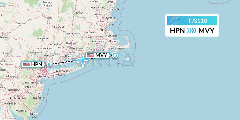 TJ3110 Tradewind Aviation Flight Map: White Plains to Martha's Vineyard