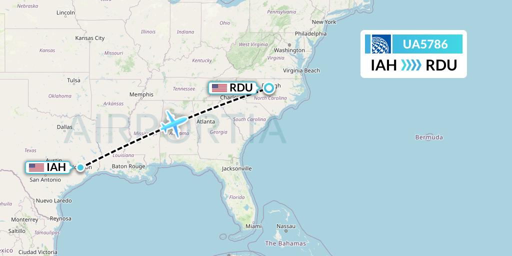 UA5786 United Airlines Flight Map: Houston to Raleigh-Durham