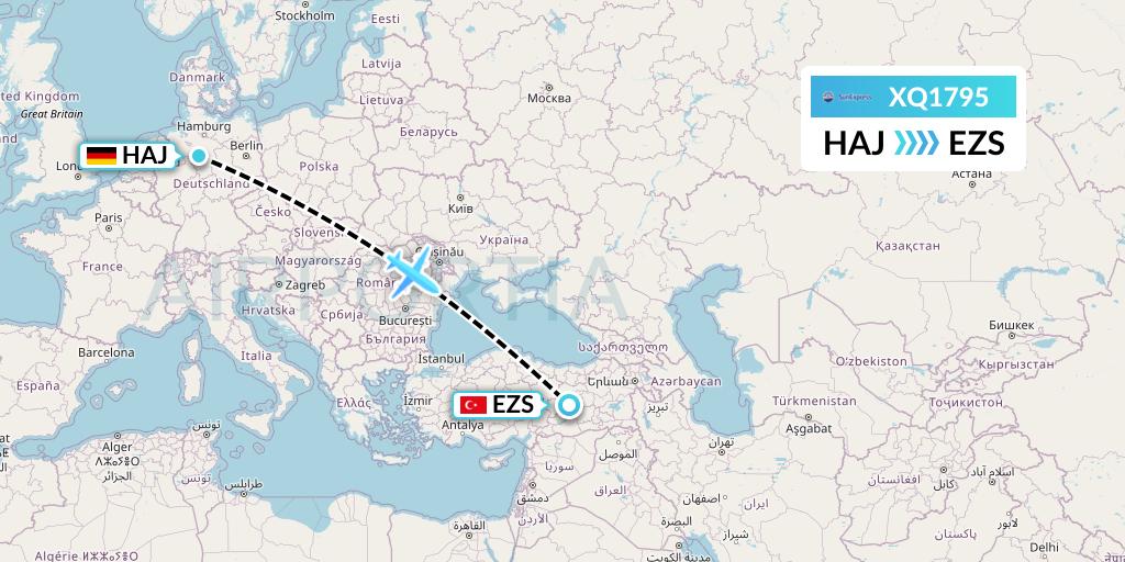 XQ1795 SunExpress Flight Map: Hannover to Elazig