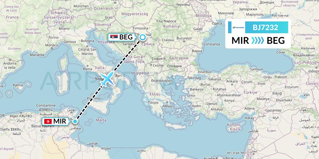 BJ7232 Nouvelair Tunisie Flight Map: Monastir to Belgrade