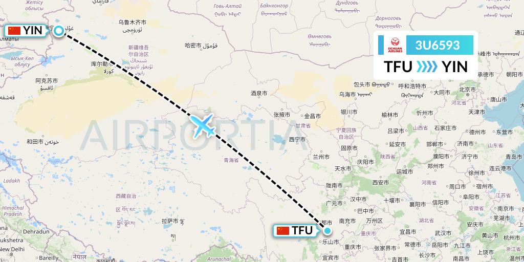 3U6593 Sichuan Airlines Flight Map: Chengdu to Yining