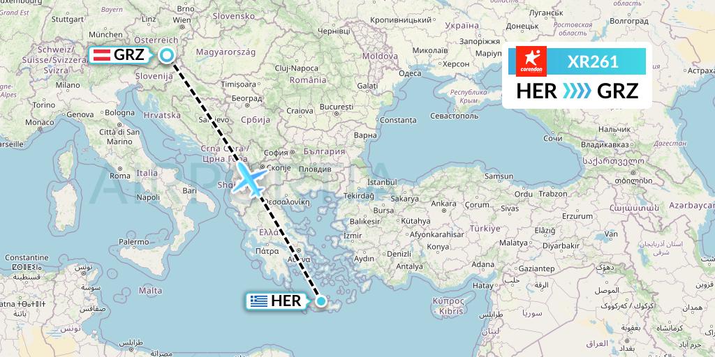 XR261 Corendon Airlines Europe Flight Map: Heraklion to Graz