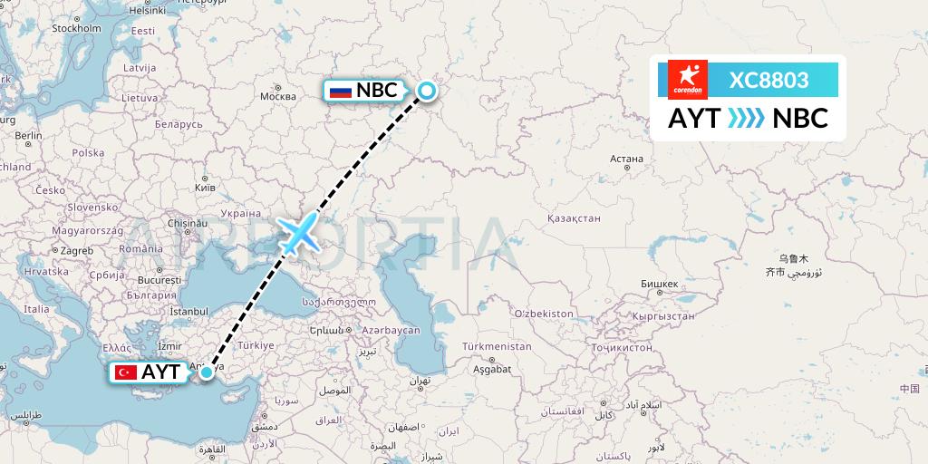 XC8803 Corendon Airlines Flight Map: Antalya to Naberezhnye Chelny