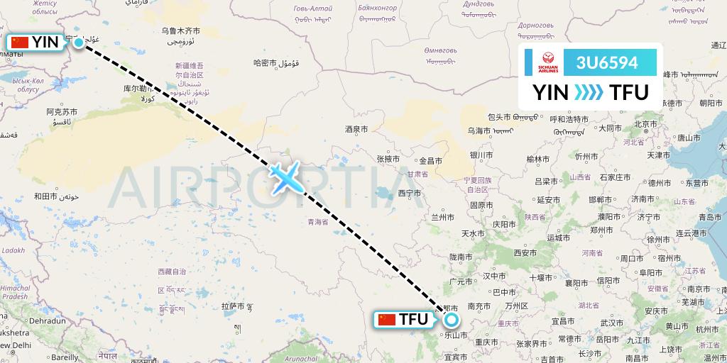 3U6594 Sichuan Airlines Flight Map: Yining to Chengdu