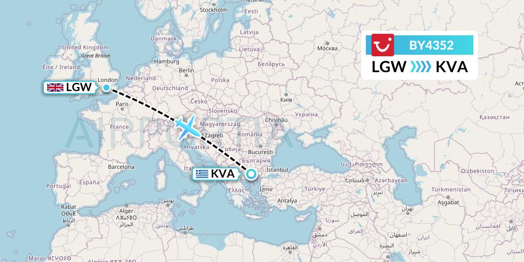 BY4352 TUI Airways Flight Map: London to Kavala