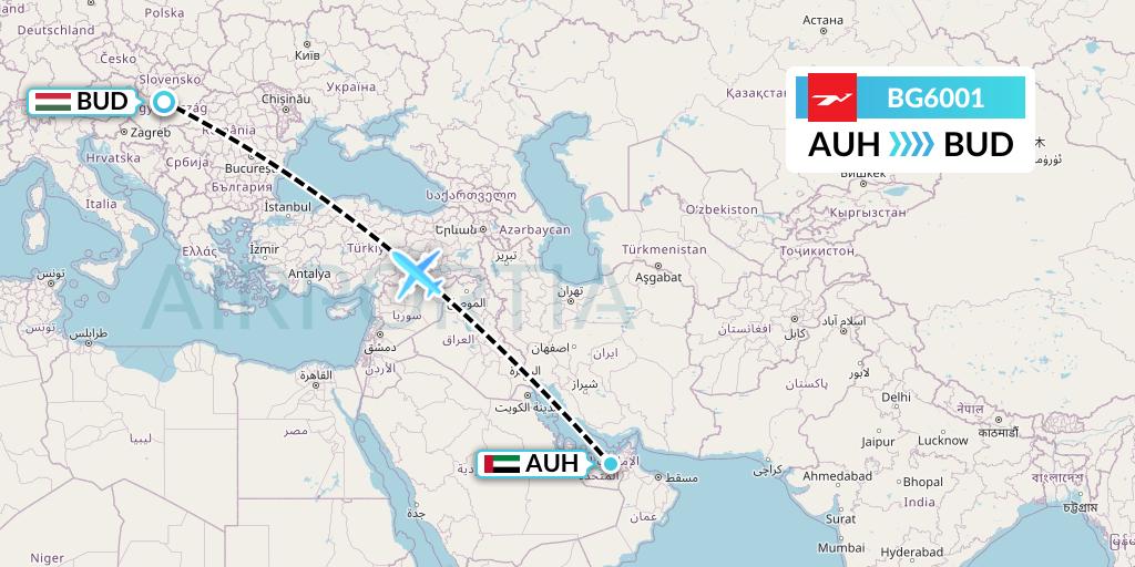 BG6001 Biman Bangladesh Airlines Flight Map: Abu Dhabi to Budapest