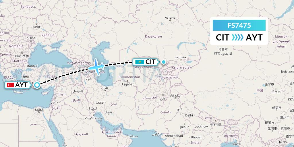 FS7475 Flyr Flight Map: Shymkent to Antalya