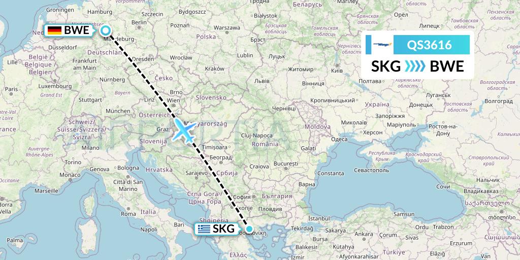 QS3616 Smartwings Flight Map: Thessaloniki to Braunschweig